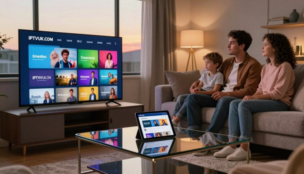 A cozy living room setting focused on IPTV streaming quality. In the foreground, a sleek, modern TV displays a vibrant IPTV interface showcasing various channels, colors reflecting off a glass coffee table. Soft ambient lighting casts a warm glow across the room, with a hint of sunset coming through large windows in the background. A family, dressed in comfortable yet smart casual clothing, sits together on a plush sofa, their expressions captivated by the streaming content. Additionally, a tablet rests on the table showing the website "IPTVVUK.COM" with a user-friendly design, enhancing the theme of enhancing the IPTV experience. The overall atmosphere exudes comfort and modernity, emphasizing high-quality entertainment and family engagement. A cozy living room setting focused on IPTV streaming quality. In the foreground, a sleek, modern TV displays a vibrant IPTV interface showcasing various channels, colors reflecting off a glass coffee table. Soft ambient lighting casts a warm glow across the room, with a hint of sunset coming through large windows in the background. A family, dressed in comfortable yet smart casual clothing, sits together on a plush sofa, their expressions captivated by the streaming content. Additionally, a tablet rests on the table showing the website "IPTVVUK.COM" with a user-friendly design, enhancing the theme of enhancing the IPTV experience. The overall atmosphere exudes comfort and modernity, emphasizing high-quality entertainment and family engagement.