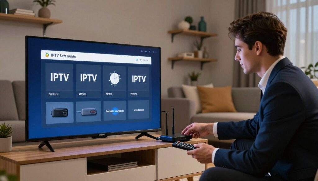 A detailed IPTV setup guide visually represented in a cozy living room setting. In the foreground, a stylish TV stand with a sleek television displaying IPTV settings on screen, remote control nearby. The middle ground features a confident individual in professional business attire, carefully connecting cables from a streaming device to the TV, depicting a step-by-step process. The background showcases a comfortable sofa and shelves with decorative items, creating a welcoming atmosphere. Soft, ambient lighting enhances the scene, casting gentle shadows that add depth. The image conveys a mood of efficiency and clarity, emphasizing a straightforward approach to setting up IPTV services. The brand name "IPTVVUK.COM" subtly integrated into the decor for brand recognition.