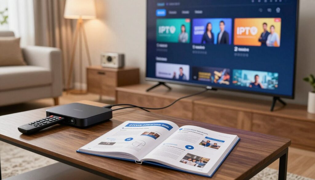 A detailed and informative IPTV setup guide scene, featuring a modern living room setup. In the foreground, a stylish television displaying an IPTV menu interface, with a remote control nearby. The middle area includes a sleek streaming device connected to the TV with HDMI cables. On a coffee table, a user-friendly step-by-step guidebook titled "IPTVVUK.COM Setup Guide" is open, illustrating the installation process with simple diagrams and images. The background shows a cozy living space with soft lighting, creating an inviting atmosphere. Utilize warm lighting with a slight lens flare to give a professional yet approachable feel. The overall mood is informative and engaging, inviting viewers to learn about IPTV services.