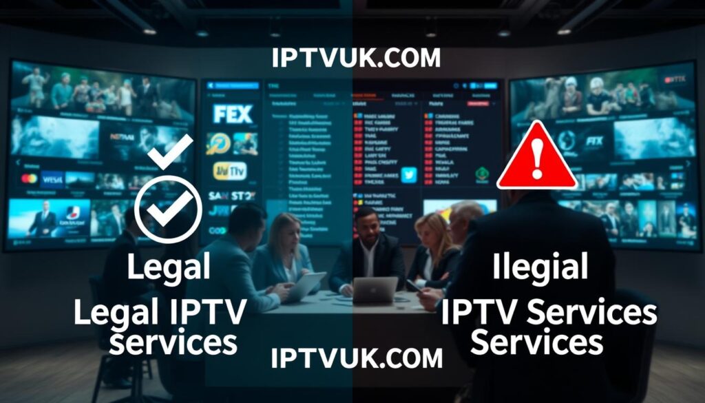A detailed and informative image comparing legal and illegal IPTV services. In the foreground, create a split screen showing two distinct categories labeled "Legal IPTV Services" and "Illegal IPTV Services." Use sleek, modern icons to represent each category, such as a checkmark for legal and a warning sign for illegal. In the middle ground, depict a diverse group of professionals in business attire engaging in discussion around a table with tablets and laptops, analyzing service options. The background features a digital display showing streaming options and channel lists, adding context to the comparison. Use soft, ambient lighting to create a professional atmosphere that conveys clarity and seriousness. Ensure the brand name "IPTVVUK.COM" is subtly integrated into the digital display design.