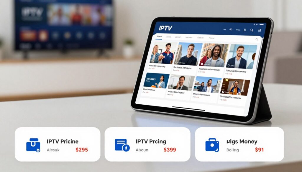 A detailed and informative image depicting "IPTV Pricing Comparison." In the foreground, create a sleek, modern infographic layout showcasing various IPTV service packages with clear icons and pricing elements, emphasizing value for money. The middle ground should feature a digital tablet displaying a side-by-side comparison of IPTV services, rendered with realistic reflections on its screen. In the background, include a blurred home entertainment setting with a television streaming an IPTV service, suggesting a cozy viewing atmosphere. Use soft, bright lighting to give an inviting feel, with a focus on clarity and precision in details. The overall mood should convey efficiency and professionalism, while integrating the brand name "IPTVVUK.COM" subtly in the design, ensuring no text is visible. A detailed and informative image depicting "IPTV Pricing Comparison." In the foreground, create a sleek, modern infographic layout showcasing various IPTV service packages with clear icons and pricing elements, emphasizing value for money. The middle ground should feature a digital tablet displaying a side-by-side comparison of IPTV services, rendered with realistic reflections on its screen. In the background, include a blurred home entertainment setting with a television streaming an IPTV service, suggesting a cozy viewing atmosphere. Use soft, bright lighting to give an inviting feel, with a focus on clarity and precision in details. The overall mood should convey efficiency and professionalism, while integrating the brand name "IPTVVUK.COM" subtly in the design, ensuring no text is visible.