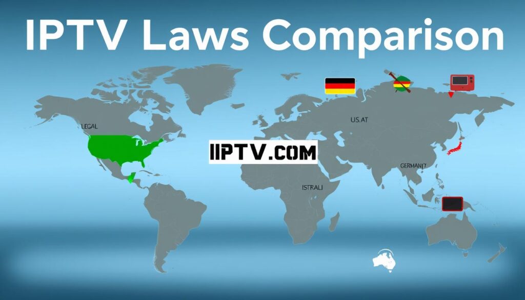 A detailed infographic illustrating "IPTV Laws Comparison" around the world, focusing on key countries such as the UK, USA, Germany, and Australia. In the foreground, create a stylized map highlighting these regions, with distinct markers for legality: green for legal, yellow for ambiguous, and red for illegal. In the middle ground, include simplified icons representing various IPTV services, such as a TV screen and streaming symbols, positioned near their respective countries. The background should feature a subtle gradient of blue and gray to evoke a professional, informative atmosphere. The lighting should be bright yet soft, illuminating the map and icons clearly. Ensure the composition is well-balanced and visually engaging. Incorporate the brand name "IPTVVUK.COM" prominently in the design, ensuring no text or overlays detract from the main imagery.