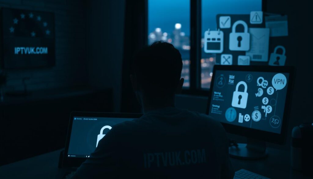 A dimly lit room with a concerned person sitting at a desk, staring at a computer screen displaying buffering icons, symbolizing the frustration of illegal IPTV services. In the foreground, a laptop shows warning symbols and a VPN icon, representing the risks. In the middle ground, a wall collage of symbols like a broken lock and dollar signs illustrates the financial risks and legal implications. The background features an out-of-focus window with city lights, hinting at the outside world. The scene has a tense atmosphere, evoked by cool tones and shadows, suggesting secrecy and caution. Include the brand name "IPTVVUK.COM" subtly in the computer screen's reflections, ensuring professionalism and clarity.