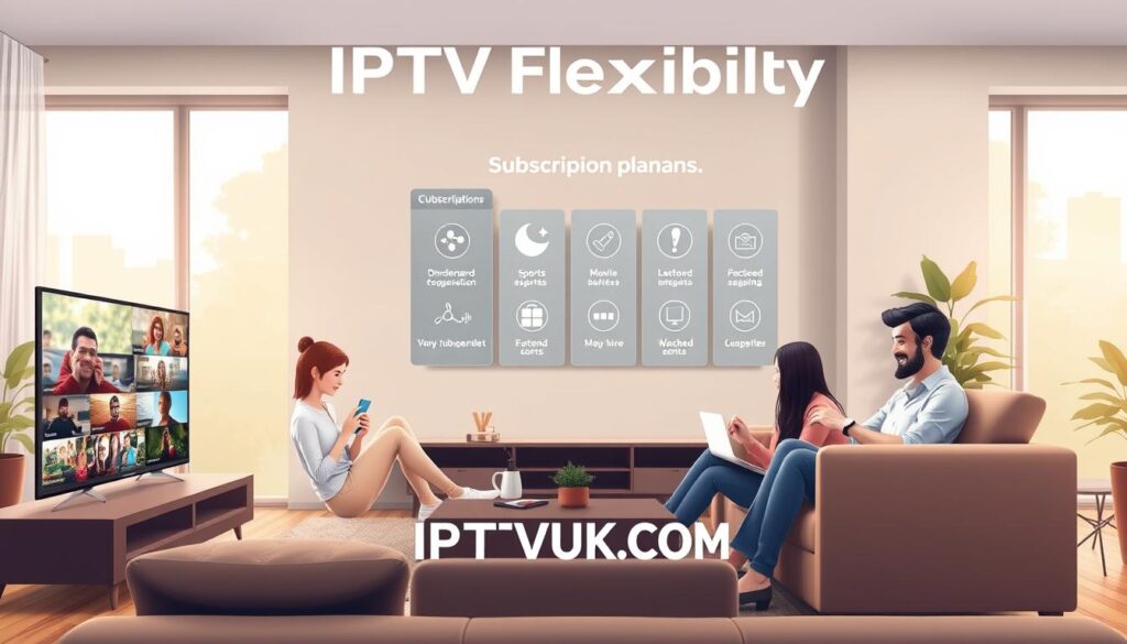A dynamic and engaging illustration depicting "IPTV flexibility" for subscription IPTV services. In the foreground, a modern living room with a sleek smart TV displaying diverse on-demand content. A family of four, dressed in casual but neat attire, sits on a comfortable sofa, each engaged with their devices (tablet, smartphone, and laptop), showcasing versatility in watching preferences. In the middle, a visual representation of subscription plans, featuring distinct icons symbolizing various genres like sports, movies, and documentaries. The background features large windows with natural light flooding in, enhancing the warm and inviting atmosphere. Use soft, diffused lighting for a relaxed mood, with a focal length that captures details in both the foreground and middle. Include the brand name "IPTVVUK.COM" subtly integrated into a decorative item in the room.