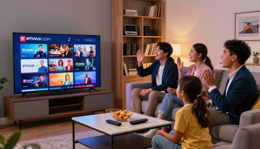 A dynamic and engaging living room scene illustrating IPTV streaming quality. In the foreground, a sleek flat-screen TV displays vibrant, high-definition images from an IPTV provider, showcasing a variety of channels. A family of four, dressed in professional business attire, is gathered on a comfortable sofa, intently watching the screen, their faces illuminated by the vivid colors. In the middle ground, a modern coffee table holds remote controls and snacks, adding a cozy atmosphere. The background features a neatly arranged bookshelf with technology gadgets and subtle ambient lighting, casting a warm glow. Use a wide-angle perspective to capture the whole scene, maintaining a lively and inviting mood. The image should evoke feelings of excitement and engagement with quality IPTV viewing, prominently featuring the brand logo "IPTVVUK.COM" integrated thoughtfully.