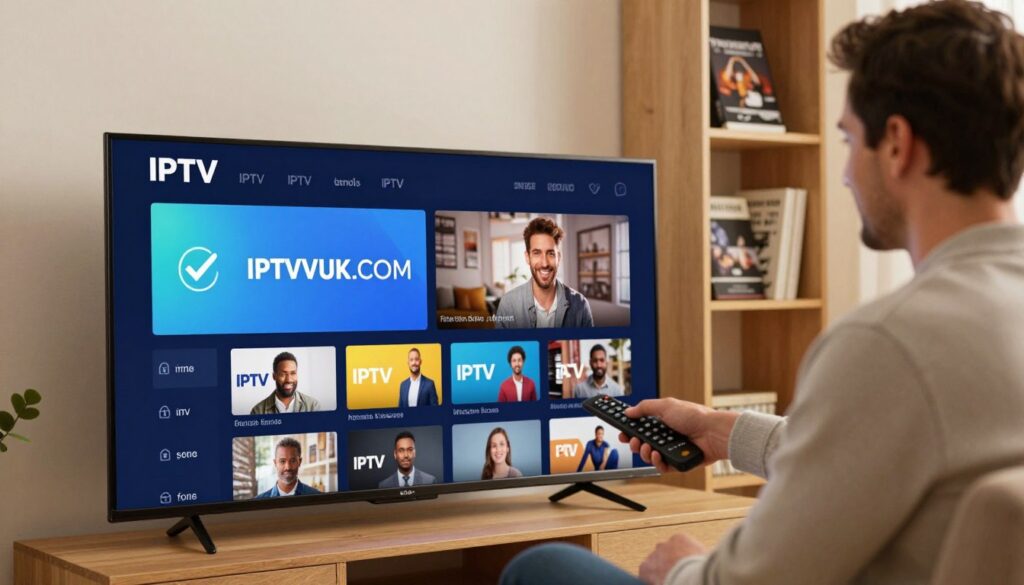 A dynamic and modern digital composition showcasing an IPTV streaming service interface. In the foreground, a sleek, high-definition TV screen displays a vibrant IPTV menu featuring various channels, with icons symbolizing legality and safety—like a checkmark and a lock symbol. In the middle ground, a comfortable living room setting with a professional individual in business casual attire, happily navigating through the IPTV options using a remote control. The background features a bookshelf with media guides and safety literature subtly hinting at legal considerations. Soft, warm lighting creates an inviting atmosphere, while a slight depth of field effect blurs the wall behind, emphasizing the IPTV interface. Prominently include the brand name "IPTVVUK.COM" within the IPTV menu, ensuring no text is on the screen itself.