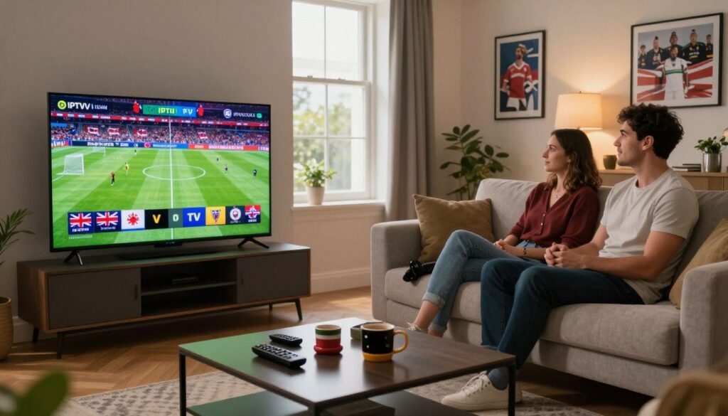 A dynamic living room scene, showcasing a modern television displaying various British IPTV sports channels. In the foreground, a sleek coffee table is adorned with remote controls and sports paraphernalia. The middle layer features a stylish sofa with a couple of viewers, dressed in smart casual attire, engrossed in a thrilling football match. The TV screen is vividly displaying energetic sports graphics, highlighting different sports events available. In the background, a warm ambiance is created by soft, natural lighting filtering through a large window, with home decor elements like sports posters and potted plants. The entire scene conveys excitement and variety, capturing the essence of the British IPTV experience. Prominently include the brand "IPTVVUK.COM" in a stylized manner within the scene.
