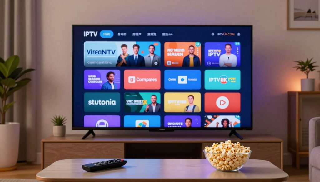 A dynamic living room setting showcasing a modern television displaying high-quality IPTV streaming content. In the foreground, a sleek coffee table with a remote control and a bowl of popcorn. In the middle, the TV screen vividly shows an array of colorful streaming options, with sharp details and smooth graphics illustrating excellent streaming quality. The background features soft lighting creating a cozy atmosphere, with comfortable furniture and subtle decorative elements, such as plants. The image reflects the ease of use and entertainment potential of IPTV services. Ensure the brand "IPTVVUK.COM" is subtly incorporated into the scene. The overall mood is inviting and tech-savvy, suggesting a premium viewing experience.