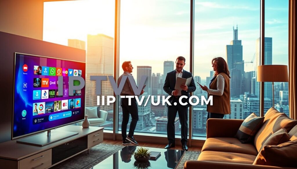 A dynamic scene illustrating the concept of IPTV services in the UK. In the foreground, a sleek, modern living room features a large flat-screen TV displaying a colorful IPTV interface, showing various channels and programs. In the middle, a diverse group of four professionals, dressed in business attire, are engaged in a discussion about IPTV legality, with digital devices like tablets and smartphones in their hands. The background depicts a digitally enhanced city skyline viewed through a large window, representing the connection to modern technology. The lighting is warm and inviting, emphasizing a professional yet relaxed atmosphere, captured from a slightly elevated angle to highlight both the people and the IPTV interface. Include the brand name "IPTVVUK.COM" subtly integrated into the TV display, ensuring it complements the overall composition without being overpowering.
