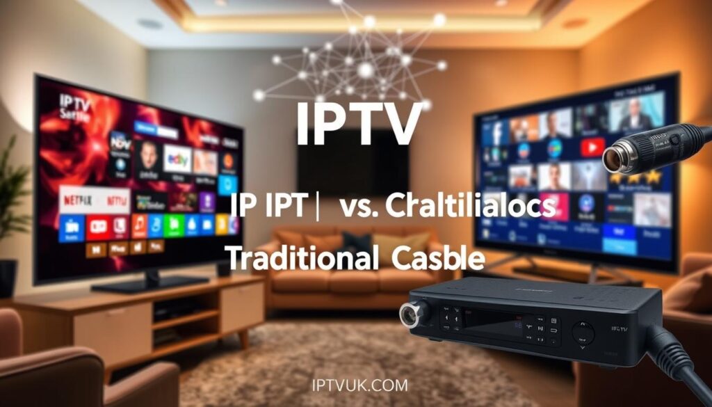 A dynamic split-image showcasing "IPTV vs Traditional Cable." In the foreground, depict two distinct television setups: on the left, a sleek modern smart TV streaming vibrant channels with an IPTV interface, featuring colorful icons representing a range of channels. On the right, an older model TV displaying a traditional cable box with a remote, showcasing a set of static channels. In the middle ground, a blurred yet recognizable living room setting, with cozy furniture. The background features an abstract representation of digital connectivity, symbolizing IPTV's advanced technology versus traditional cables with a traditional coaxial cable. Utilize warm, inviting lighting to create a friendly atmosphere. Capture the contrast in technology and accessibility between the two options. Overall, maintain a professional tone. Include the brand name "IPTVVUK.COM" subtly integrated into the IPTV side of the image. A dynamic split-image showcasing "IPTV vs Traditional Cable." In the foreground, depict two distinct television setups: on the left, a sleek modern smart TV streaming vibrant channels with an IPTV interface, featuring colorful icons representing a range of channels. On the right, an older model TV displaying a traditional cable box with a remote, showcasing a set of static channels. In the middle ground, a blurred yet recognizable living room setting, with cozy furniture. The background features an abstract representation of digital connectivity, symbolizing IPTV's advanced technology versus traditional cables with a traditional coaxial cable. Utilize warm, inviting lighting to create a friendly atmosphere. Capture the contrast in technology and accessibility between the two options. Overall, maintain a professional tone. Include the brand name "IPTVVUK.COM" subtly integrated into the IPTV side of the image.