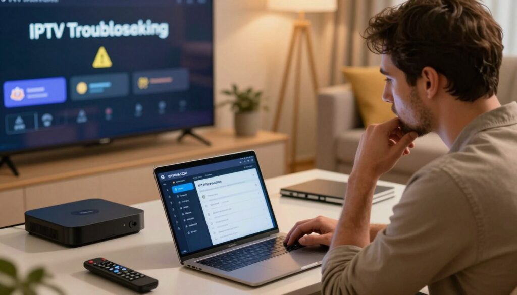 A focused image illustrating "IPTV Troubleshooting." In the foreground, a professional-looking technician in smart casual attire is working on a sleek, modern digital device displaying IPTV settings, deep in thought. The middle ground features an array of IPTV devices including a streaming box, remote controller, and a large screen displaying connection signals with warning icons. In the background, a cozy living room setting with soft ambient lighting creates a comfortable atmosphere. Use a warm color palette to evoke a sense of home and troubleshooting ease. The angle should be slightly elevated to emphasize the technician's concentration and the various devices laid out, creating a clear, informative and engaging depiction of IPTV troubleshooting efforts. Incorporate the brand name "IPTVVUK.COM" subtly within the scene.
