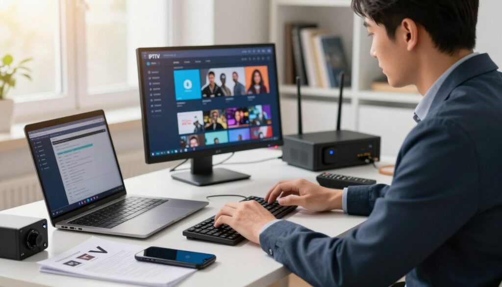 A focused scene depicting a professional individual troubleshooting IPTV issues, sitting at a modern desk cluttered with technical equipment like laptops, routers, and remote controls. The foreground features a close-up of hands on a keyboard, analyzing diagnostic software, with a smartphone and user manual nearby. In the middle, a large screen displays the IPTV interface, with various icons representing streaming options. The background has a soft-focus bookshelf filled with tech books and a window letting in natural light, creating a bright and tech-savvy atmosphere. Use warm lighting with a slight lens flare for a dynamic feel. The individual is dressed in smart business attire, embodying professionalism, representing the brand "IPTVVUK.COM".