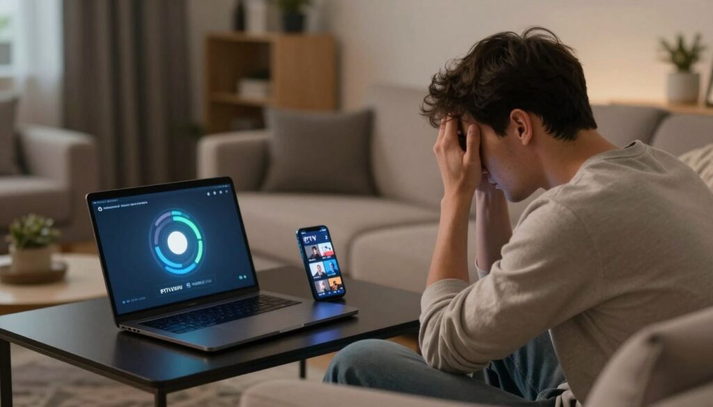A frustrated young adult sitting on a modern couch in a stylish living room, surrounded by sleek technology. The foreground features a digital screen displaying a spinning loading icon, indicating buffering, with visible indicators of poor internet connection. The middle ground includes a laptop and a smartphone displaying an IPTV app, both showing interruptions in streaming content. In the background, we see a contemporary room layout with soft lighting, creating a cozy atmosphere. The color palette consists of warm tones, yet slightly muted to evoke a sense of impatience. The image embodies a relatable moment of troubleshooting IPTV issues, emphasizing connectivity challenges experienced by users of IPTVVUK.COM.
