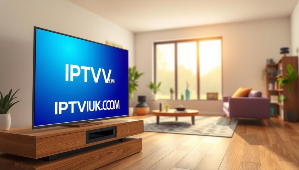 A high-resolution digital illustration showcasing the concept of IPTV streaming quality. In the foreground, a sleek modern television displays vibrant, high-definition content, with the logo "IPTVVUK.COM" subtly integrated into the screen. In the middle ground, a cozy living room setting with a stylish couch and decorative items like plants and books conveys a relaxed home atmosphere. The background features a large window with natural light streaming in, highlighting the comfortable and inviting space. The color scheme combines warm tones with a hint of technology, emphasizing sophistication and ease of use. Captured from a slight low angle, the focus on the television creates an immersive perspective that draws viewers into the IPTV experience. The overall mood is inviting and informative, reflecting the key features of a reliable IPTV service.