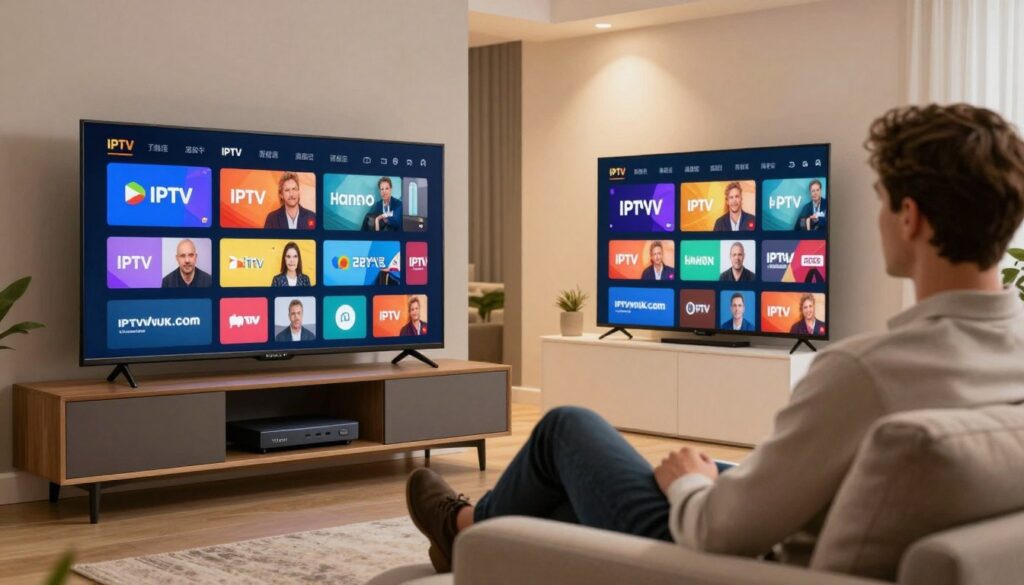 A high-resolution image depicting IPTV streaming quality, focusing on a sleek modern living room. In the foreground, a stylish flat-screen TV displays a vibrant, flawless streaming interface, showcasing various streaming channels in rich colors. The middle ground features a cozy sofa with plush cushions, where a professional person in business attire relaxes, intently watching the screen. The background highlights a tasteful decor with soft lighting that enhances the atmosphere, evoking a sense of comfort and enjoyment. A sleek set-top box is subtly visible on a contemporary entertainment unit, branded with "IPTVVUK.COM". The scene captures a warm and inviting mood, emphasizing the seamless experience of top-quality IPTV streaming. A high-resolution image depicting IPTV streaming quality, focusing on a sleek modern living room. In the foreground, a stylish flat-screen TV displays a vibrant, flawless streaming interface, showcasing various streaming channels in rich colors. The middle ground features a cozy sofa with plush cushions, where a professional person in business attire relaxes, intently watching the screen. The background highlights a tasteful decor with soft lighting that enhances the atmosphere, evoking a sense of comfort and enjoyment. A sleek set-top box is subtly visible on a contemporary entertainment unit, branded with "IPTVVUK.COM". The scene captures a warm and inviting mood, emphasizing the seamless experience of top-quality IPTV streaming.
