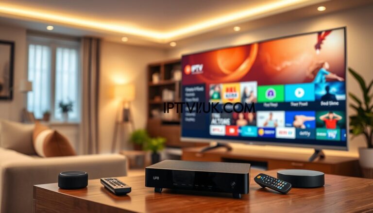 A modern IPTV (Internet Protocol Television) system setup, prominently featuring a sleek, high-definition television displaying a vibrant user interface, showcasing various streaming options and channels. In the foreground, a tidy entertainment center with a stylish IPTV box, remote control, and connected devices like a smart speaker. The middle ground includes a comfortable living room scene with a stylish sofa and decorative elements, all illuminated by warm, inviting lighting that creates a cozy atmosphere. In the background, soft-focus elements like bookshelves and indoor plants add depth. The image conveys a sense of technological advancement and comfort. The brand "IPTVVUK.COM" should be subtly visible on the screen interface without any text overlays or distractions.