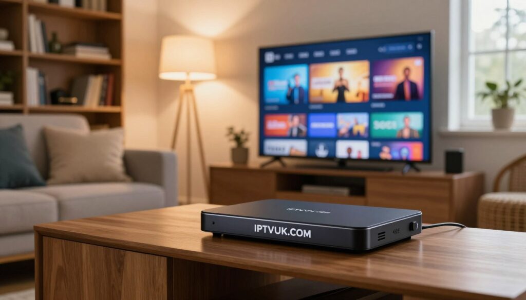 A modern IPTV device setup in a cozy living room environment. In the foreground, a sleek IPTV box labeled "IPTVVUK.COM" sits elegantly on a wooden TV stand, connected to a large flat-screen television displaying colorful streaming options. The middle ground features a comfortable sofa with tasteful cushions, flanked by a contemporary floor lamp casting warm, soft light. The background showcases a stylish bookshelf filled with books and decorative items, and a window letting in natural daylight, illuminating the room with a welcoming atmosphere. The mood is relaxed yet tech-savvy, emphasizing a step-by-step guide to setting up IPTV services, with a camera angle that captures the setup from a slight angle, creating depth in the scene.