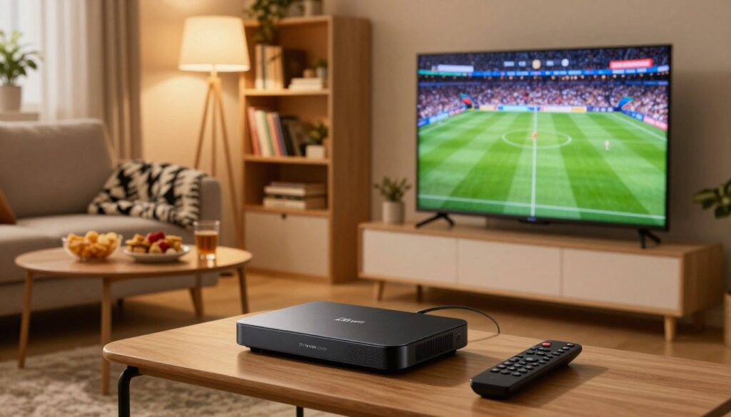 A modern IPTV device setup in a cozy living room. In the foreground, a sleek IPTV device with the brand name "IPTVVUK.COM" is connected to a flat-screen TV. A remote control rests beside the device. In the middle, a comfortable sofa with a stylish throw blanket, and a coffee table adorned with snacks and drinks. The background features a bookshelf filled with books and some decorative plants, creating a warm atmosphere. Soft, warm lighting from a nearby lamp illuminates the scene, casting gentle shadows. Capture this image from a slight angle to give depth, emphasizing the inviting space perfect for streaming sports and shows. Aim for a relaxed yet tech-savvy mood.