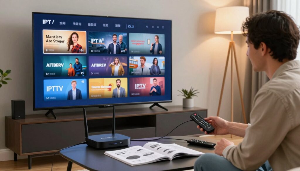 A modern IPTV setup guide, featuring a sleek living room with a large flat-screen TV displaying IPTV channels. In the foreground, a stylish media console holds various devices such as a streaming box, a router, and remote controls, with cables neatly organized. A friendly, professional-looking person in casual business attire demonstrates connecting the devices, showcasing a step-by-step approach to setup. The middle area depicts open manuals and illustrations on a coffee table showing different IPTV options, while the background includes a cozy ambiance with soft lighting, emphasizing tranquility. The atmosphere is inviting and informative, perfect for understanding IPTV services. Include the brand name "IPTVVUK.COM" subtly integrated into the design elements, ensuring clarity without any text overlay.