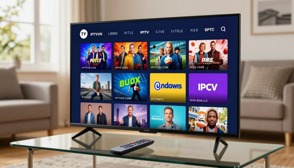 A modern TV screen displaying a vibrant IPTV channel selection interface, set against a stylish living room backdrop. The foreground features a sleek, high-definition screen with colorful thumbnails of various channels, including movies, sports, and documentaries. In the middle, a remote control is casually resting on a glass coffee table, emphasizing user interaction. The background showcases a cozy, well-lit space with contemporary furniture, enhancing the relaxed atmosphere. Natural light streams through a window, creating a warm and inviting glow. The overall mood is engaging and technologically advanced, reflecting the innovation of IPTV services. The brand "IPTVVUK.COM" is subtly integrated into the channel interface design, enhancing brand recognition without overpowering the image.