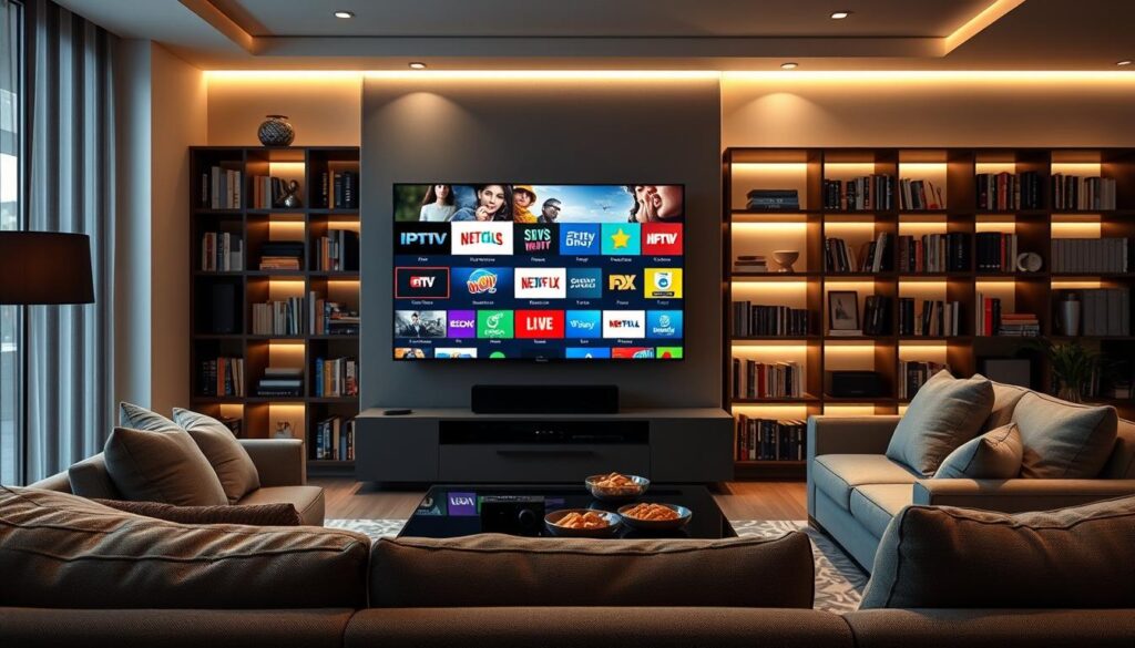 A modern and sleek living room setting as the foreground, showcasing a stylish flat-screen TV displaying an array of colorful IPTV channel icons, symbolizing diverse entertainment options. In the middle ground, a comfortable couch with plush cushions invites viewers to relax and enjoy various shows. The background reveals a chic bookshelf filled with media-related books and subtle lighting, creating a cozy atmosphere. Soft, warm lighting bathes the scene, enhancing the inviting mood. An elegant coffee table with a remote control and snacks adds to the relaxing home environment. The space should reflect a blend of technology and comfort, emphasizing the transition from traditional cable to IPTV services. Include the brand name "IPTVVUK.COM" subtly in the design, ensuring it harmonizes with the setting.