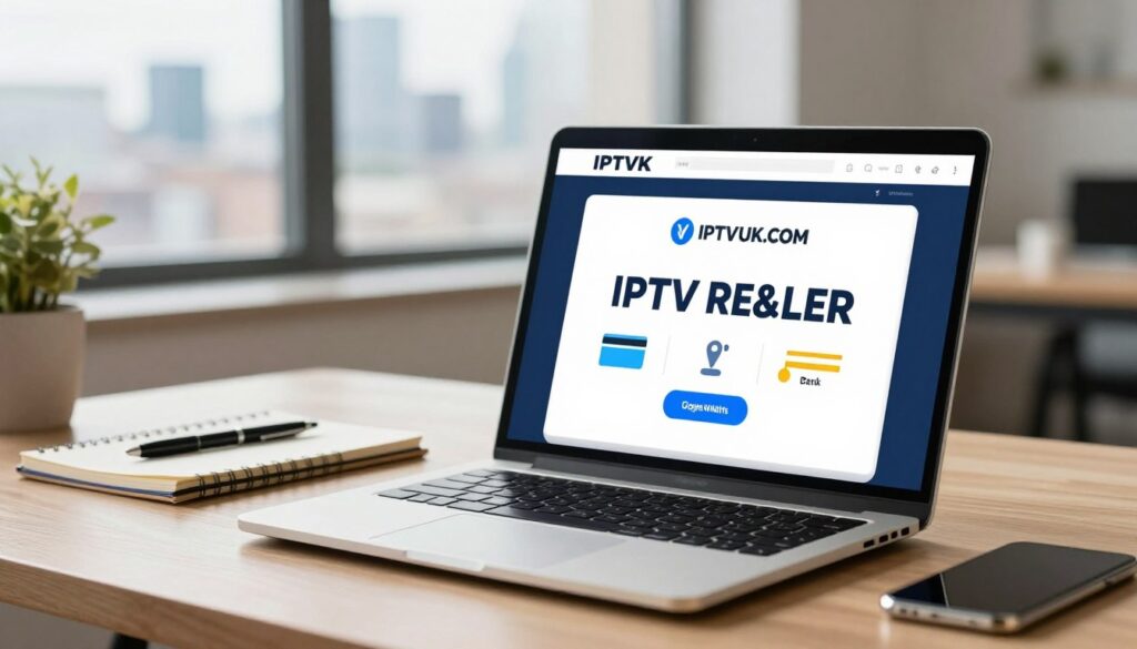 A modern digital workspace illustrating the concept of IPTV reseller payment gateways. In the foreground, a sleek laptop displays a screen with IPTVVUK.COM's logo prominently featured, alongside various payment options like credit cards, digital wallets, and bank transfer icons. The middle ground shows a stylish desk with office essentials like a notepad, pen, and a smartphone, suggesting an active business environment. In the background, a softly blurred city skyline hints at the UK market. The scene is well-lit with natural sunlight filtering through a window, creating a professional yet inviting atmosphere. The overall mood is focused and inspiring, ideal for entrepreneurs starting their IPTV reseller business.