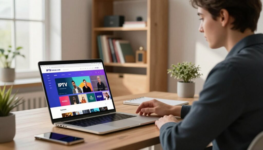 A modern home office interior showcasing the concept of an IPTV provider. In the foreground, a sleek laptop displays the IPTVVUK.COM website, featuring a colorful interface of available channels and services. In the middle ground, a professional individual in business attire sits attentively at the desk, engaging with the laptop. Behind them, a cozy bookshelf filled with tech and media books creates a warm, inviting atmosphere. Soft, natural lighting filters in through a large window, casting gentle shadows and highlighting the details in the room. The mood is focused yet relaxed, emphasizing the importance of safe and legal IPTV usage in a contemporary setting.