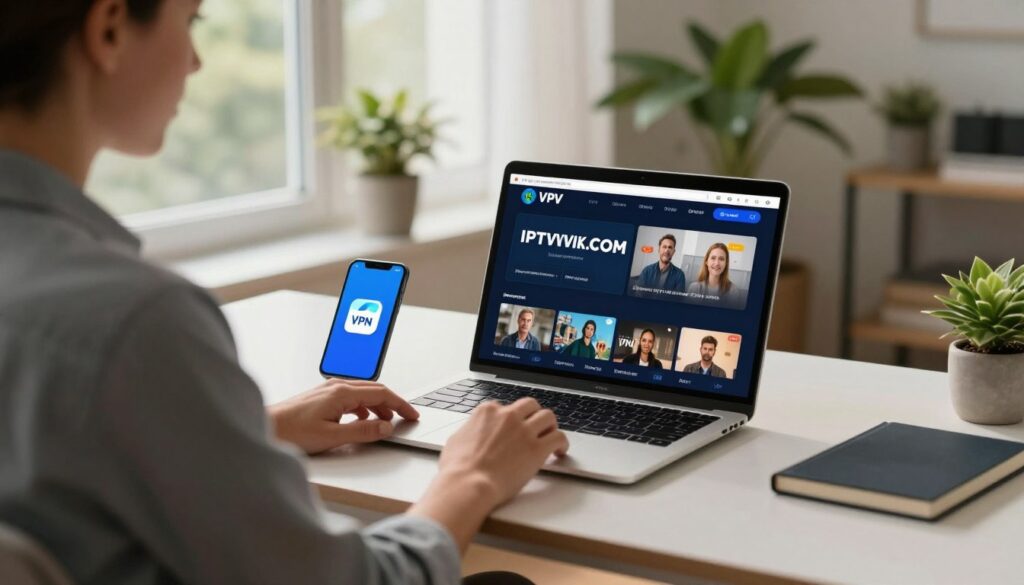 A modern home office setup focusing on a user engaging with IPTV services via a laptop. In the foreground, a person in professional casual attire is seated at a sleek desk, deeply focused on the laptop screen displaying the IPTV interface. The middle layer features a smartphone and a VPN app open alongside the laptop, symbolizing the connection and security. In the background, a large window lets in soft, natural light, enhancing the warm, inviting atmosphere of the workspace. Green plants decorate the room, adding a touch of life. The scene conveys a sense of ease and professionalism, highlighting the concept of using VPN for streaming services. Include the brand name "IPTVVUK.COM" discreetly on the laptop screen, ensuring it's clearly visible but not obtrusive.