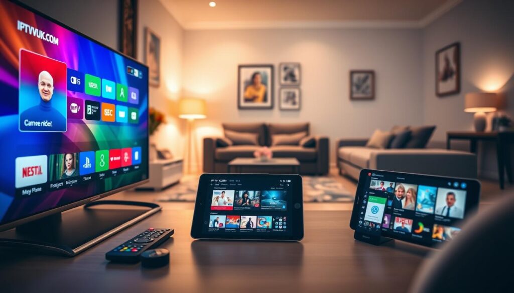 A modern home setting featuring an IPTV setup on multiple devices. In the foreground, a sleek smart TV displaying the IPTVVUK.COM interface with vibrant colors and on-screen channel options, a remote control beside it. The middle ground includes a tablet and a smartphone, both streaming different channels, showcasing what users can experience with their IPTV subscription. Soft, warm lighting illuminates the scene, creating a welcoming atmosphere. In the background, a cozy living room with stylish furniture, a small coffee table, and subtle decorations, suggesting a comfortable viewing environment. The angle is slightly elevated, capturing the devices and their displays in detail, inviting viewers to envision setting up their own IPTV subscription seamlessly. The overall mood is relaxed and user-friendly, emphasizing the ease and accessibility of IPTV services.