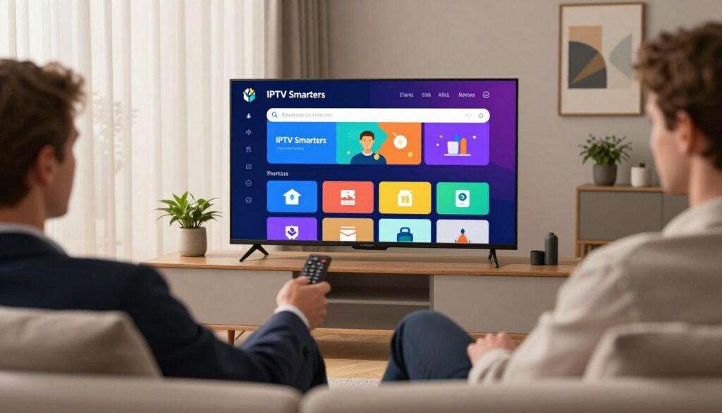 A modern living room featuring a sleek Smart TV displaying the IPTV Smarters installation interface. In the foreground, a person, dressed in professional business attire, is seated comfortably on a stylish sofa, using a remote control while interacting with the TV. The middle ground showcases the Smart TV with vibrant colors and a user-friendly interface, emphasizing the IPTV Smarters app, with icons and vivid visuals clearly visible. In the background, soft natural light filters through sheer curtains, creating a warm and inviting atmosphere. The room is adorned with contemporary decor, such as potted plants and framed artwork, contributing to a modern aesthetic. The overall mood is focused and engaging, reflecting the excitement of setting up an IPTV service effectively. Include the brand name "IPTVVUK.COM" subtly integrated into the screen's interface.