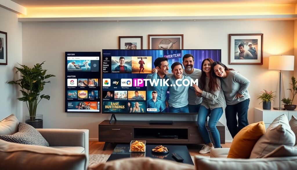 A modern living room featuring a sleek smart TV displaying vibrant IPTV channels in high definition, with a focus on a user-friendly interface showcasing diverse genres like sports, movies, and news. The foreground includes a comfortable couch with stylish cushions, a coffee table with snacks, and a remote control resting nearby. In the middle, a family of four in casual clothing joyfully interacts with the TV, illustrating excitement during their IPTV trial. The background captures a warm, inviting atmosphere with soft ambient lighting, framed art, and houseplants. The setting reflects a sense of connectivity and leisure, with the brand name "IPTVVUK.COM" subtly integrated into the TV interface. The angle is slightly above eye level to emphasize the interactive experience.