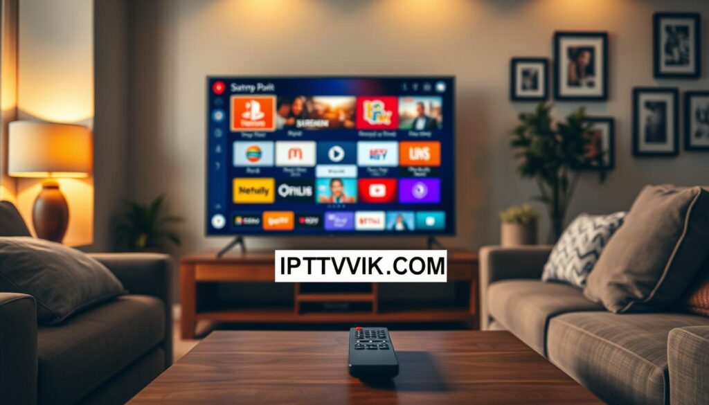 A modern living room scene featuring a comfortable couch with a sleek smart TV displaying high-definition IPTV streaming content. In the foreground, a remote control rests on a coffee table. The middle of the image showcases the vibrant colors of popular streaming icons, representing various IPTV channels. The warm, ambient lighting creates an inviting atmosphere, emphasizing a cozy family environment. The background hints at a well-decorated wall with framed pictures, adding a touch of personality. The perspective is from a slightly elevated angle, capturing both the TV screen's clarity and the inviting space of the room. Include the logo "IPTVVUK.COM" subtly integrated into the corner of the TV screen, ensuring a professional look.
