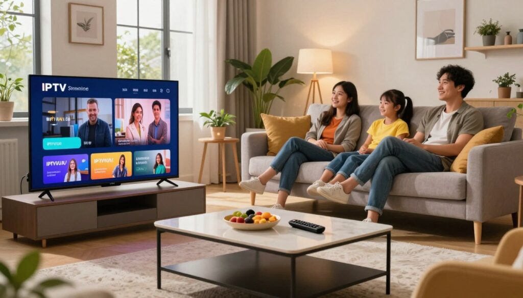 A modern living room scene showcasing IPTV streaming technology. In the foreground, a sleek, flat-screen TV displaying vibrant streaming content, with the logo "IPTVVUK.COM" subtly incorporated into the graphic. A stylish coffee table with a remote and snacks sits nearby. The middle ground features a comfortable couch with a relaxed family of three watching the TV; they are dressed in casual yet professional attire, smiling and engaged. In the background, soft lighting cascades through large windows, illuminating the cozy space filled with plants and contemporary décor. The atmosphere is warm and inviting, reflecting a perfect environment for enjoying IPTV benefits, emphasizing leisure and quality family time. Use a wide-angle lens to capture the entire room in high definition, focusing on a bright and cheerful ambiance.