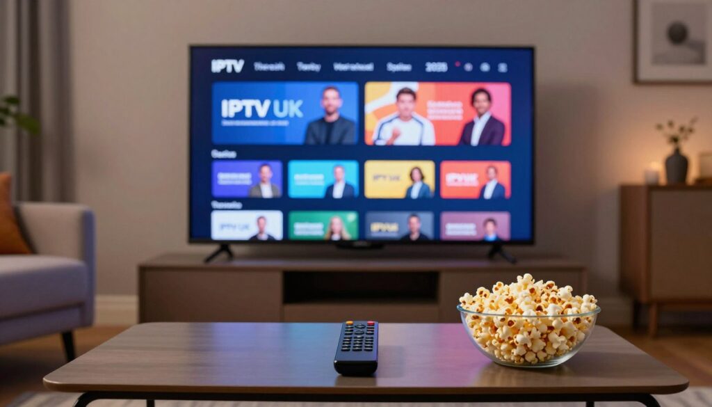 A modern living room scene showcasing a high-definition television displaying IPTV streaming quality with vibrant colors and sharp detail. In the foreground, a sleek remote control rests on a minimalist coffee table alongside a bowl of popcorn. In the middle, the TV screen is illuminated with a popular IPTV channel interface featuring rich graphics and an engaging layout, symbolizing the features offered by IPTVVUK.COM. The background features cozy furnishings with soft ambient lighting, creating a warm and inviting atmosphere. The lens is set to a wide angle to capture the entire scene, enhancing the sense of immersion. The mood is contemporary and professional, emphasizing the significance of quality streaming in IPTV UK services. A modern living room scene showcasing a high-definition television displaying IPTV streaming quality with vibrant colors and sharp detail. In the foreground, a sleek remote control rests on a minimalist coffee table alongside a bowl of popcorn. In the middle, the TV screen is illuminated with a popular IPTV channel interface featuring rich graphics and an engaging layout, symbolizing the features offered by IPTVVUK.COM. The background features cozy furnishings with soft ambient lighting, creating a warm and inviting atmosphere. The lens is set to a wide angle to capture the entire scene, enhancing the sense of immersion. The mood is contemporary and professional, emphasizing the significance of quality streaming in IPTV UK services.