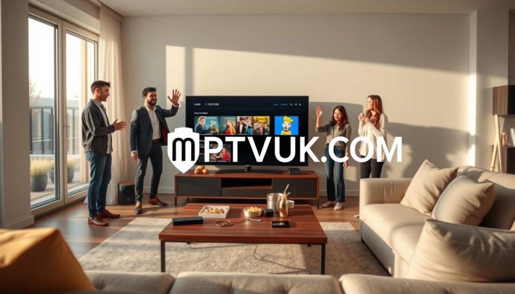 A modern living room scene showcasing the benefits of an IPTV system. In the foreground, a diverse group of three professionals, dressed in smart casual attire, enthusiastically engage with a sleek smart TV displaying various streaming options. In the middle ground, a stylish coffee table with remote controls, snacks, and devices wired for connectivity. The background features large windows with natural daylight flooding in, enhancing a warm and inviting atmosphere. Soft shadows create a calming mood. Use a wide-angle lens to capture the entire space, emphasizing the modern decor. The logo "IPTVVUK.COM" subtly integrated into the scene, perhaps on the TV screen or a digital device, highlighting the IPTV solution’s brand.