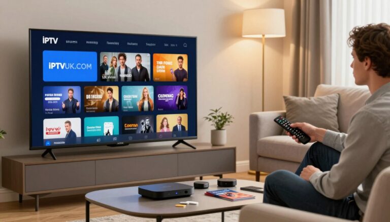 A modern living room scene showcasing various IPTV streaming services in the UK. In the foreground, a sleek smart TV displays the IPTVVUK.COM logo prominently, with streaming options arranged in an easily navigable interface. To the right, a professional-looking person in business casual attire is seated on a comfortable couch, holding a remote, and contemplating the selection of shows. In the middle, a stylish coffee table contains a few top streaming devices and neatly arranged subscription brochures. In the background, soft lighting creates a warm, inviting atmosphere, enhancing the feeling of relaxation. The focus is sharp, resembling a wide-angle lens shot, capturing the essence of entertainment and technology.