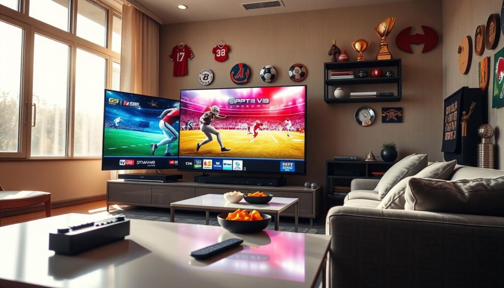 A modern living room set up for streaming sports, featuring a large, sleek HDTV displaying dynamic sports graphics from IPTVVUK.COM in vivid colors. The foreground includes a stylish coffee table with remotes and snacks, evoking an inviting atmosphere for a game day. In the middle, a cozy couch with plush cushions creates a relaxed setting, while sunlight filters in through large windows, providing warm, natural lighting. The background shows sports memorabilia like jerseys and trophies, enhancing the theme of sports enthusiasm. The overall mood is energetic and engaging, reflecting the excitement of HDTV IPTV services, with an emphasis on comfort and high-tech enjoyment in a contemporary space.