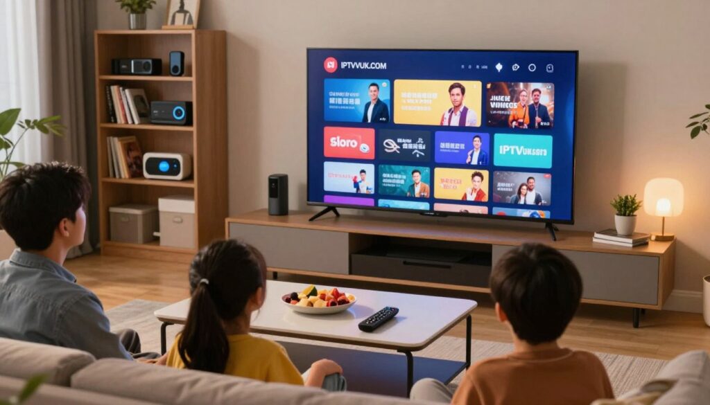 A modern living room setting as the foreground, featuring a family comfortably watching IPTV on a sleek, wall-mounted flat-screen TV. Include a remote control on the coffee table and vibrant streaming visuals displayed on the screen, showcasing various channels. In the middle ground, incorporate a stylish coffee table with snacks, fostering a cozy, inviting atmosphere. In the background, place a bookshelf with tech gadgets and décor that reflects a contemporary home. Use warm, soft lighting to create an inviting feel, as if it's evening. Capture the scene from a slightly elevated angle, emphasizing the interaction among the family members. Convey a sense of excitement and accessibility that IPTV services offer, with the brand name "IPTVVUK.COM" subtly featured on the television screen without text overlays.