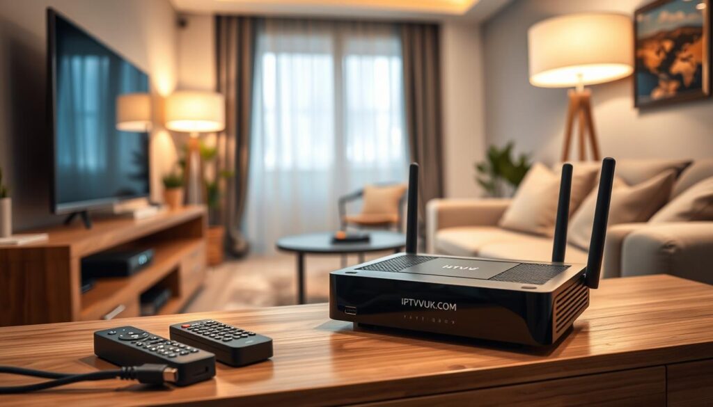 A modern living room setting featuring a sleek IPTV device prominently displayed on a stylish entertainment unit. In the foreground, the IPTV device is connected to a flat-screen TV, with visible HDMI and power cables neatly organized. Surrounding the device are remote controls and a high-quality router, symbolizing a complete setup. In the middle ground, a comfortable couch is styled with soft cushions, inviting relaxation. The background shows soft ambient lighting from floor lamps, creating a cozy atmosphere. Natural light filters through sheer curtains, enhancing the inviting feel of the space. The brand "IPTVVUK.COM" is subtly emphasized on the IPTV device itself. The overall mood is warm and welcoming, reflecting a modern lifestyle centered around streaming technology.