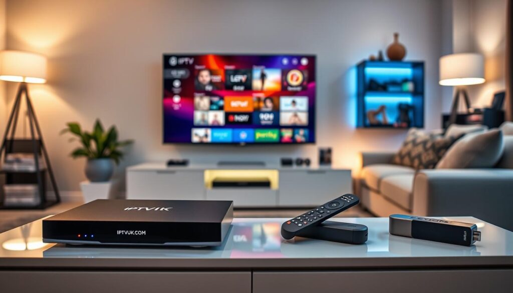 A modern living room setting featuring various IPTV devices prominently displayed on a sleek entertainment center. In the foreground, a stylish IPTV box with LED indicators, surrounded by a remote control and a streaming stick. In the middle, a flat-screen television showcasing a vibrant, colorful user interface filled with options for streaming content. Soft ambient lighting casts a warm glow, enhancing the inviting atmosphere of the room. In the background, a cozy couch with decorative cushions and a small bookshelf filled with tech magazines and gadgets. The overall mood is contemporary and tech-savvy, reflecting the convenience and entertainment benefits of IPTV services. Include the brand name "IPTVVUK.COM" subtly integrated into the design of the IPTV box.