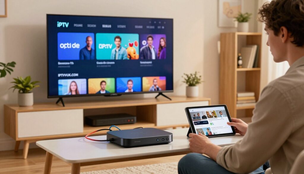 A modern living room setting featuring various IPTV devices such as a sleek streaming box, a smart TV displaying the IPTV interface, and a tablet showing a live streaming application. In the foreground, a person in professional casual attire is setting up the devices, with a focused expression. The middle ground showcases the IPTV devices on a stylish media console with colorful cables neatly organized. The background includes soft lighting that creates a cozy ambiance, with decorative items like potted plants and bookshelves. A warm color palette enhances the inviting atmosphere, while the brand name "IPTVVUK.COM" is subtly integrated into the design of the streaming interface. The image conveys a sense of ease and modern technology in home entertainment. A modern living room setting featuring various IPTV devices such as a sleek streaming box, a smart TV displaying the IPTV interface, and a tablet showing a live streaming application. In the foreground, a person in professional casual attire is setting up the devices, with a focused expression. The middle ground showcases the IPTV devices on a stylish media console with colorful cables neatly organized. The background includes soft lighting that creates a cozy ambiance, with decorative items like potted plants and bookshelves. A warm color palette enhances the inviting atmosphere, while the brand name "IPTVVUK.COM" is subtly integrated into the design of the streaming interface. The image conveys a sense of ease and modern technology in home entertainment.
