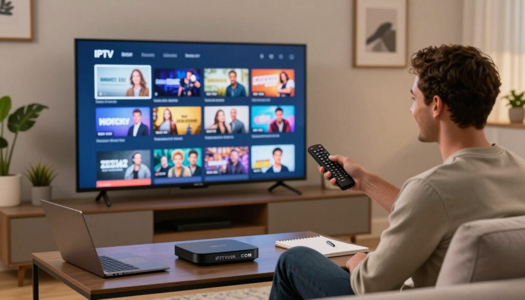 A modern living room setting showcasing IPTV service reliability. In the foreground, a sleek, high-definition television displays a vivid streaming interface, with various channels displayed, hinting at diverse content options. A professional, smiling individual in smart casual attire is seated on a stylish sofa, holding a remote control, exuding confidence and satisfaction. In the middle, a coffee table holds a digital streaming device prominently labeled "IPTVVUK.COM", alongside a laptop and notepad, suggesting an active comparison of services. The background features soft, warm lighting that creates an inviting atmosphere, with ambient decor such as houseplants and artwork that complement the scene. The angle is slightly elevated, giving a clear view of both the person and the TV screen, encapsulating the essential features to look for in reliable UK IPTV services. A modern living room setting showcasing IPTV service reliability. In the foreground, a sleek, high-definition television displays a vivid streaming interface, with various channels displayed, hinting at diverse content options. A professional, smiling individual in smart casual attire is seated on a stylish sofa, holding a remote control, exuding confidence and satisfaction. In the middle, a coffee table holds a digital streaming device prominently labeled "IPTVVUK.COM", alongside a laptop and notepad, suggesting an active comparison of services. The background features soft, warm lighting that creates an inviting atmosphere, with ambient decor such as houseplants and artwork that complement the scene. The angle is slightly elevated, giving a clear view of both the person and the TV screen, encapsulating the essential features to look for in reliable UK IPTV services.