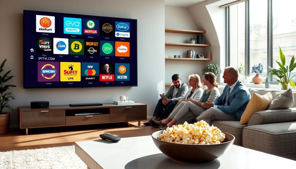 A modern living room setting showcasing a large flat-screen television displaying various vibrant IPTV channel logos, emphasizing legal streaming options. In the foreground, a sleek, stylish coffee table holds a remote control and a bowl of popcorn, inviting viewers to relax. The middle ground features a cozy couch with plush pillows, where a family in professional attire is gathered, attentively watching the TV. Bright, natural lighting streams in through a large window, casting soft shadows and creating a warm atmosphere. The background is decorated with minimalist shelves and plants, providing a contemporary feel. Prominently display the brand name "IPTVVUK.COM" on the TV screen, highlighting the theme of secure streaming services in a family-friendly environment. A modern living room setting showcasing a large flat-screen television displaying various vibrant IPTV channel logos, emphasizing legal streaming options. In the foreground, a sleek, stylish coffee table holds a remote control and a bowl of popcorn, inviting viewers to relax. The middle ground features a cozy couch with plush pillows, where a family in professional attire is gathered, attentively watching the TV. Bright, natural lighting streams in through a large window, casting soft shadows and creating a warm atmosphere. The background is decorated with minimalist shelves and plants, providing a contemporary feel. Prominently display the brand name "IPTVVUK.COM" on the TV screen, highlighting the theme of secure streaming services in a family-friendly environment.