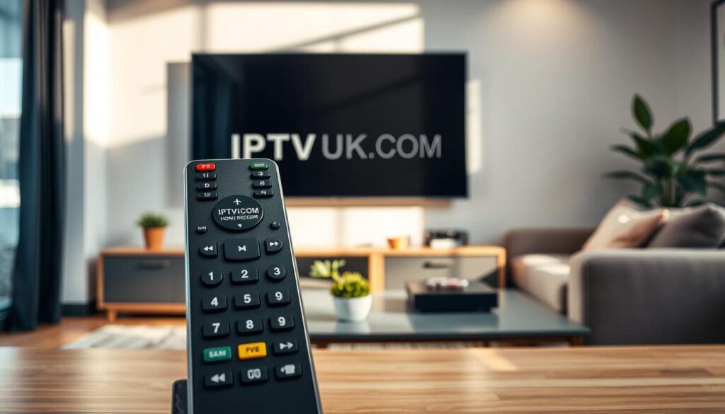 A modern living room setting showcasing a large flat-screen television mounted on the wall. In the foreground, a sleek remote control featuring the logo "IPTVVUK.COM" prominently displayed. The middle ground includes a stylish coffee table with various streaming device controls and a small potted plant for added ambiance. The background features a cozy wall with soft lighting, creating a warm and inviting atmosphere. The scene is viewed from a slight angle, emphasizing the comfort of the space. Natural light filters through a window, casting gentle shadows, enhancing the mood of a relaxed streaming experience. The overall tone should feel contemporary and engaging, appealing to streaming enthusiasts considering IPTV options.