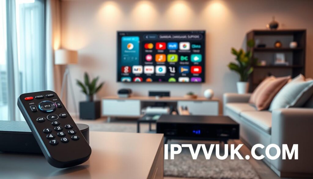 A modern living room setting showcasing an IPTV device prominently displayed on a sleek entertainment center. In the foreground, an elegant remote control connected to the device is visible, with glowing buttons indicating multi-language options. In the middle ground, a high-definition television screen illustrates various streaming platforms, with icons representing multiple languages. Soft, diffused lighting creates a warm and inviting atmosphere, emphasizing the comfort of home viewing. In the background, a cozy sofa with neatly arranged cushions suggests relaxation, while stylish decor elements enhance the ambience. This scene embodies the advanced features of IPTV multi-language support, highlighted by the brand logo "IPTVVUK.COM" subtly integrated into the design. Capture this from a slightly elevated angle for a dynamic perspective.