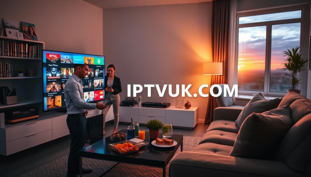A modern living room setting with a sleek television showing vibrant IPTV channels on screen. In the foreground, a professional-looking man and woman, dressed in smart casual attire, are interacting with a remote control, looking intrigued. The middle ground features a stylish coffee table adorned with snacks and drinks, while a cozy couch invites relaxation. Soft, ambient lighting illuminates the space, creating a warm and inviting atmosphere. The background showcases a bookshelf filled with tech magazines and a window revealing a sunset, adding a touch of color to the scene. The brand name "IPTVVUK.COM" subtly appears on the television screen in the context of the IPTV content being streamed, capturing the essence of an IPTV trial experience.