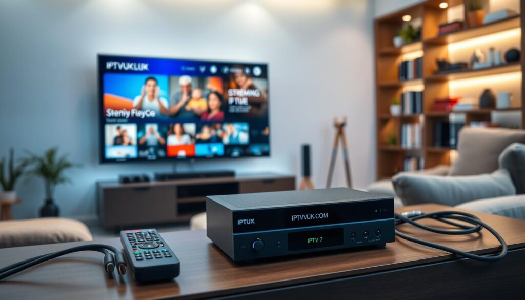 A modern living room setup featuring an IPTV box prominently displayed on a sleek entertainment center. The foreground includes the IPTV box branded "IPTVVUK.COM," alongside a remote control and cables neatly arranged. In the middle, a large flat-screen TV shows a vibrant image of a streaming service interface, with family-friendly content. The background features a comfortable sofa and a stylish bookshelf filled with books and decor, illuminated by soft ambient lighting that creates a warm and inviting atmosphere. The angle is slightly elevated, providing a clear view of the entire setup. The mood is inviting and modern, ideal for an article on setting up IPTV boxes for optimal performance, showcasing technology in a cozy home environment. No people are included in the scene, maintaining focus on the IPTV setup.