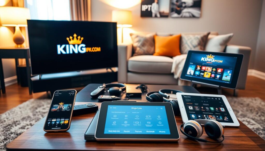 A modern living room setup featuring various devices showcasing compatibility with the King IPTV streaming service. In the foreground, a sleek smart TV displays the IPTVVUK.COM logo prominently on the screen. To the sides, a smartphone and a tablet are positioned, both showing the interface of the IPTV service. The middle ground features a stylish coffee table cluttered with remote controls, streaming devices, and headphones, symbolizing user-friendly accessibility. In the background, a cozy couch is adorned with contemporary throw pillows, creating a welcoming atmosphere. The lighting is warm and inviting, with a soft glow from a nearby lamp, creating a relaxed mood. The scene is shot from a slightly elevated angle, focusing on the devices and their seamless integration into daily life.