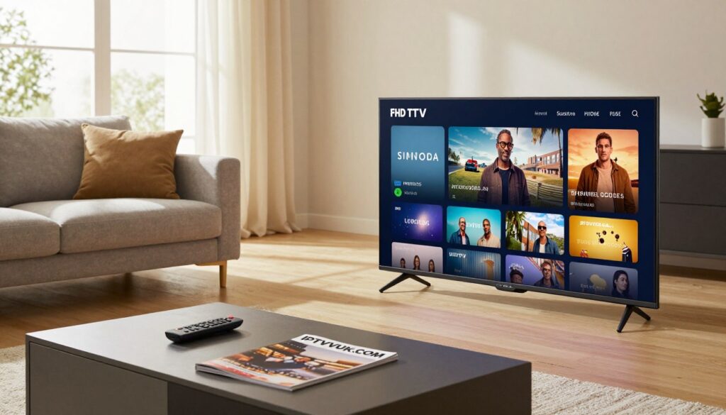A modern living room setup showcasing FHD IPTV streaming. In the foreground, a sleek, ultra-high-definition television displays vibrant streaming content, highlighting the clarity and color depth. A stylish coffee table features a remote control and a magazine with the brand name "IPTVVUK.COM" prominently displayed. In the middle ground, a comfortable sofa is adorned with soft cushions, inviting relaxation. The background shows a well-lit window with curtains gently flowing, creating a warm and welcoming atmosphere. Natural light floods the space, enhancing the mood of a cozy movie night. The angle is slightly elevated, capturing the entire room in a wide shot, emphasizing the seamless integration of technology into everyday life. The overall feel is modern, inviting, and focused on high-quality entertainment experiences.