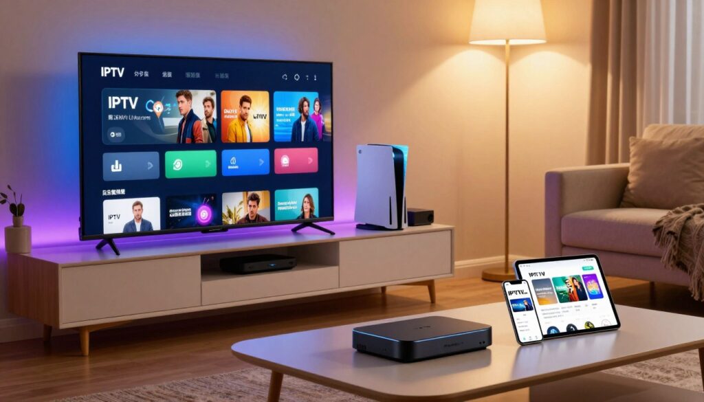 A modern living room setup showcasing IPTV installation on various devices. In the foreground, a sleek smart TV is prominently displayed with a user-friendly interface showing an IPTV menu, while a streaming box sits beside it. On the coffee table, a tablet and smartphone both displaying the IPTVVUK.COM app interface are arranged neatly. In the middle, a stylish entertainment unit houses a gaming console and additional streaming devices, with colored LED lights subtly illuminating the scene for a tech-savvy ambiance. The background features a cozy sofa, warm lighting from a floor lamp, and decorative elements that enhance the living space. The overall mood is inviting and contemporary, perfect for a guide on setting up IPTV systems at home.